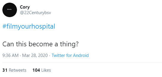 The first recorded tweets with #FilmYourHospital (http://archive.is/lazOx).
