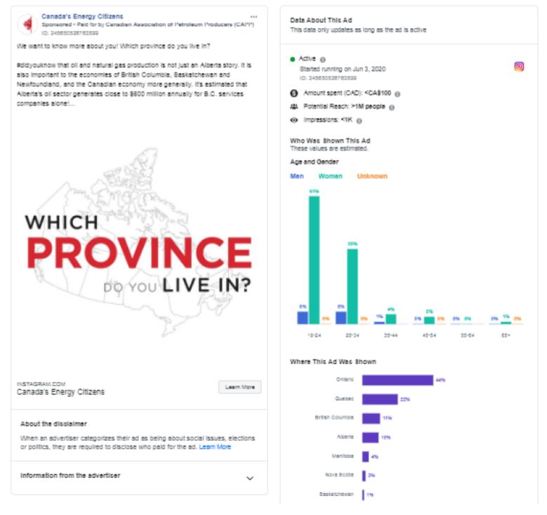 Figure 5: Facebook advertisement paid for by the Canadian Association of Petroleum Producers and its engagement statistics