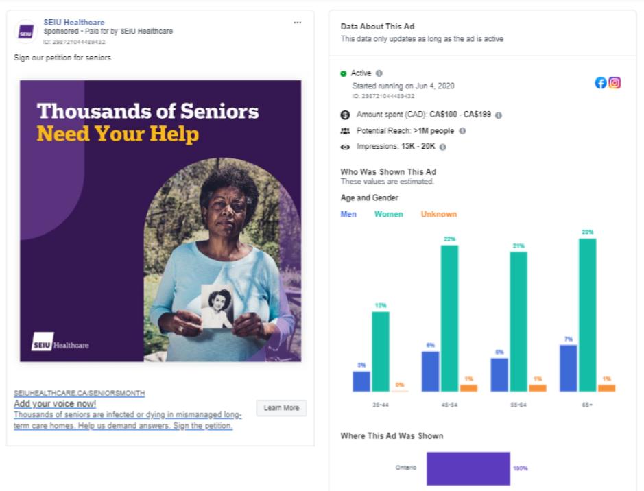Figure 3: SEIU Healthcare Facebook advertisement and engagement statistics