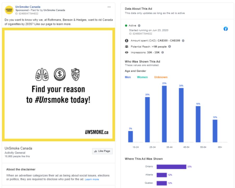 Figure 5: UnSmoke Canada Facebook advertisement and engagement stats