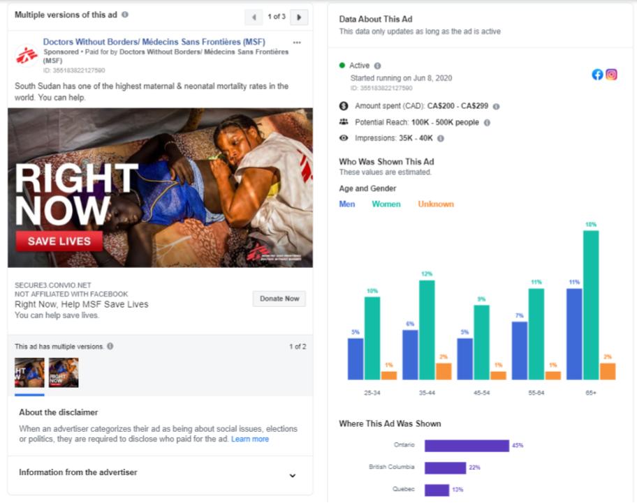 Figure 4: Doctors without Borders/Médecins Sans Frontières (MSF) Facebook advertisement and engagement stats