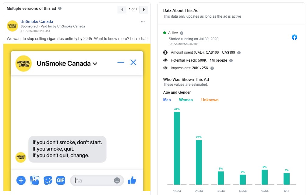 Figure 5: UnSmoke Canada Facebook advertisement and engagement stats
