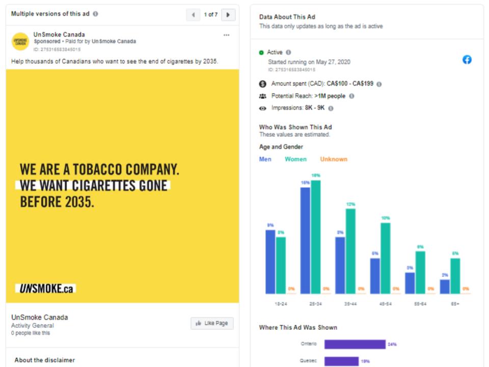 Figure 4: UnSmoke Canada Facebook advertisement and engagement statistics