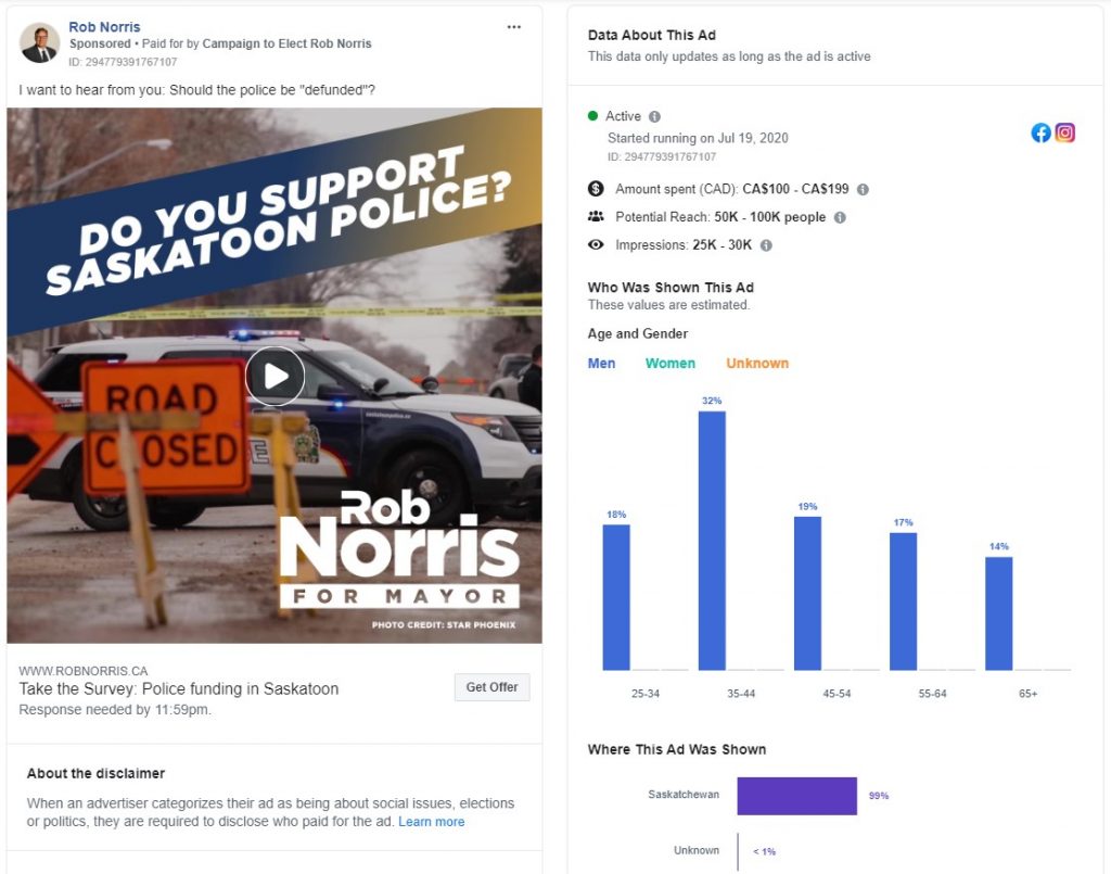 Figure 6: Campaign to Elect Rob Norris advertisement and engagement stats
