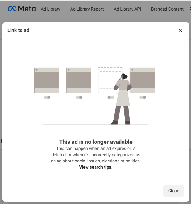 A message seen in Meta's Ad Library when trying to access a deleted ad.