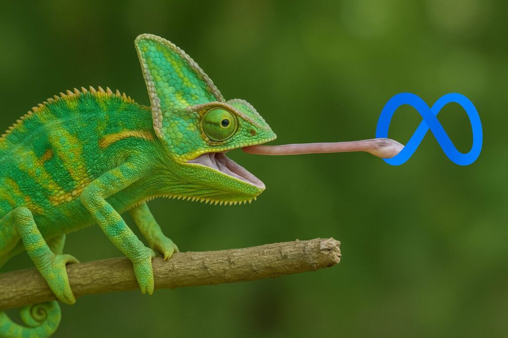 A photo made with ChatGPT showing a chameleon trying to "catch" a Meta sign